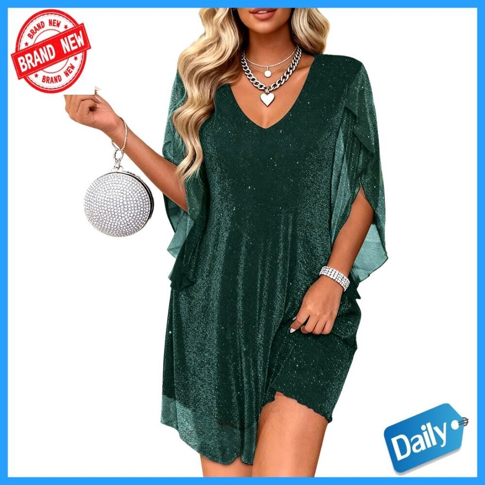 Sparkly Chiffon Cocktail Dress Flutter Sleeve Loose Fit Wedding Guest Elegant